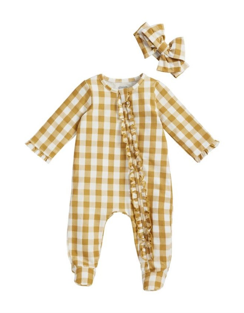MUD PIE MUSTARD GINGHAM SLEEPER & HEADBAND SET