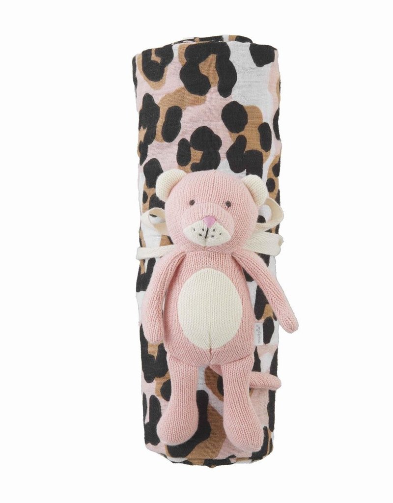 MUD PIE LEOPARD SWADDLE & RATTLE SET