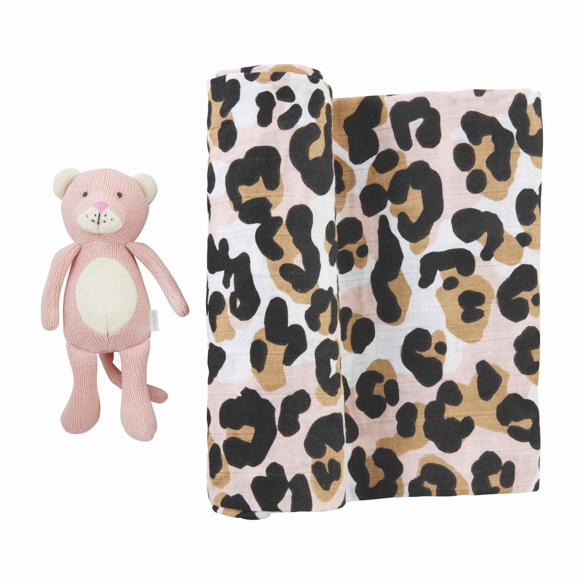 MUD PIE LEOPARD SWADDLE & RATTLE SET