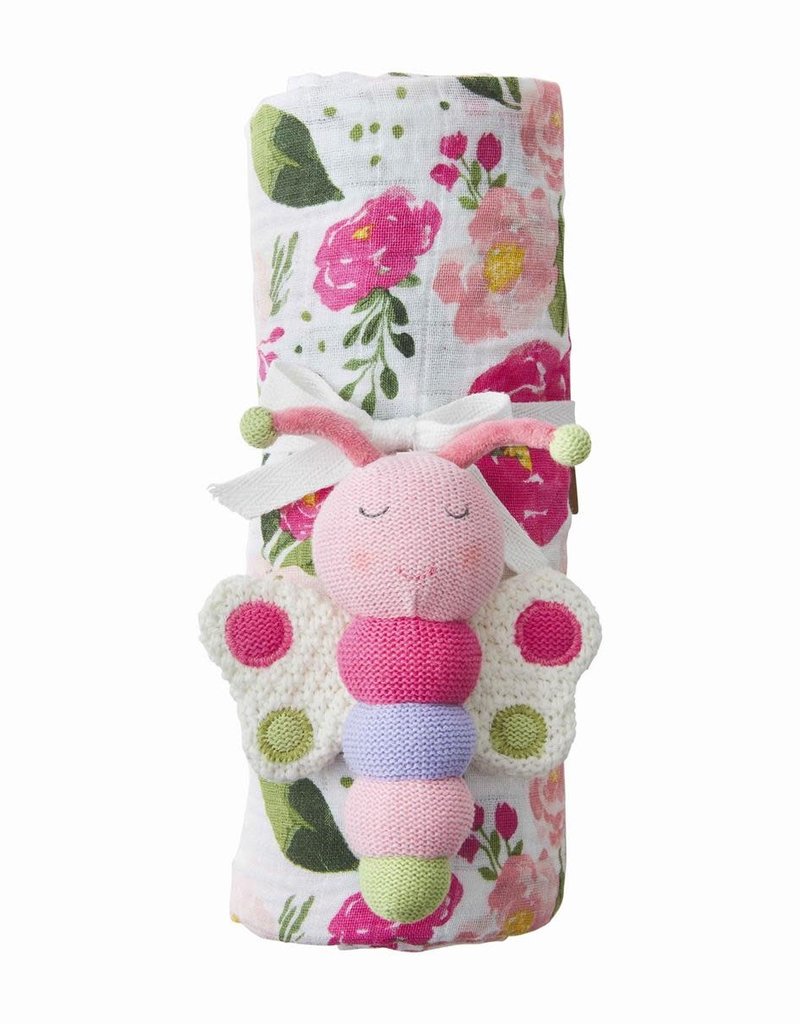 MUD PIE FLORAL SWADDLE & RATTLE SET