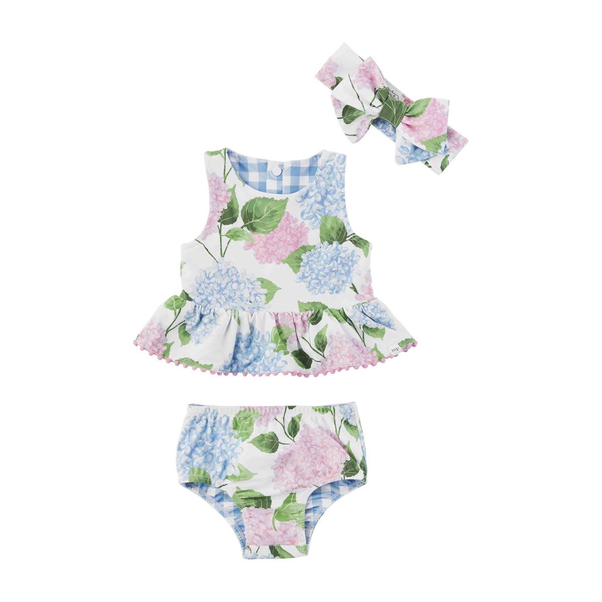 MUD PIE HYDRANGEA/GINGHAM REVERSIBLE SWIMSUIT W/HEADBAND