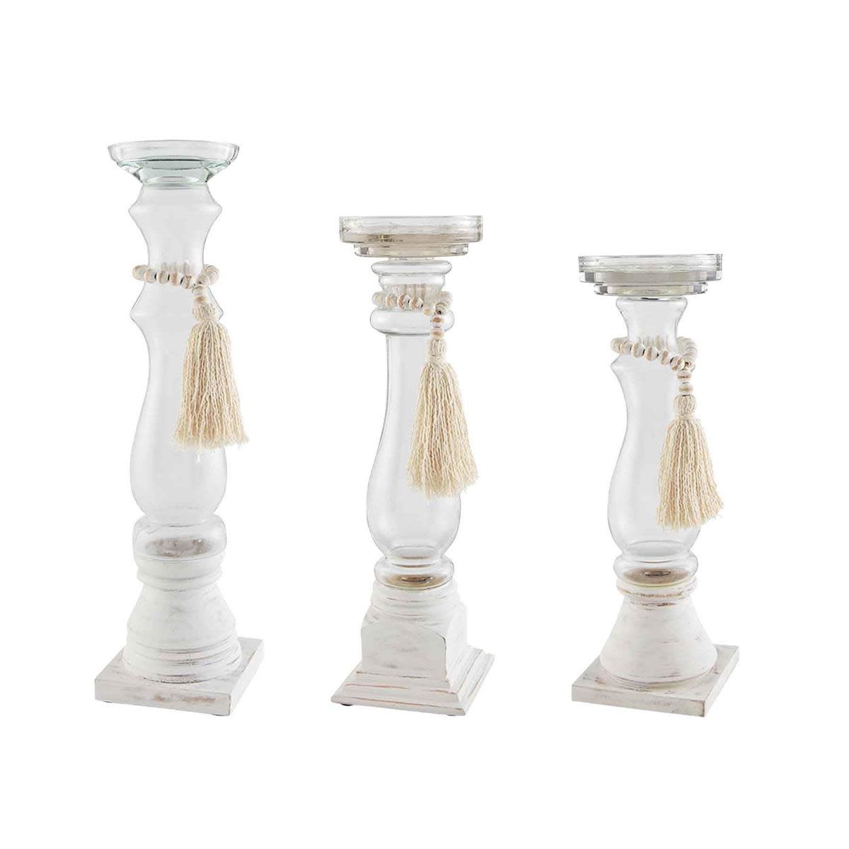 MUD PIE GLASS & WOOD BEAD CANDLESTICKS