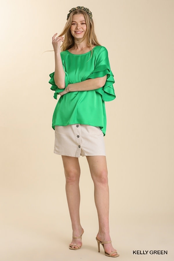SATIN ROUND NECK TOP WITH RUFFLE SLEEVE