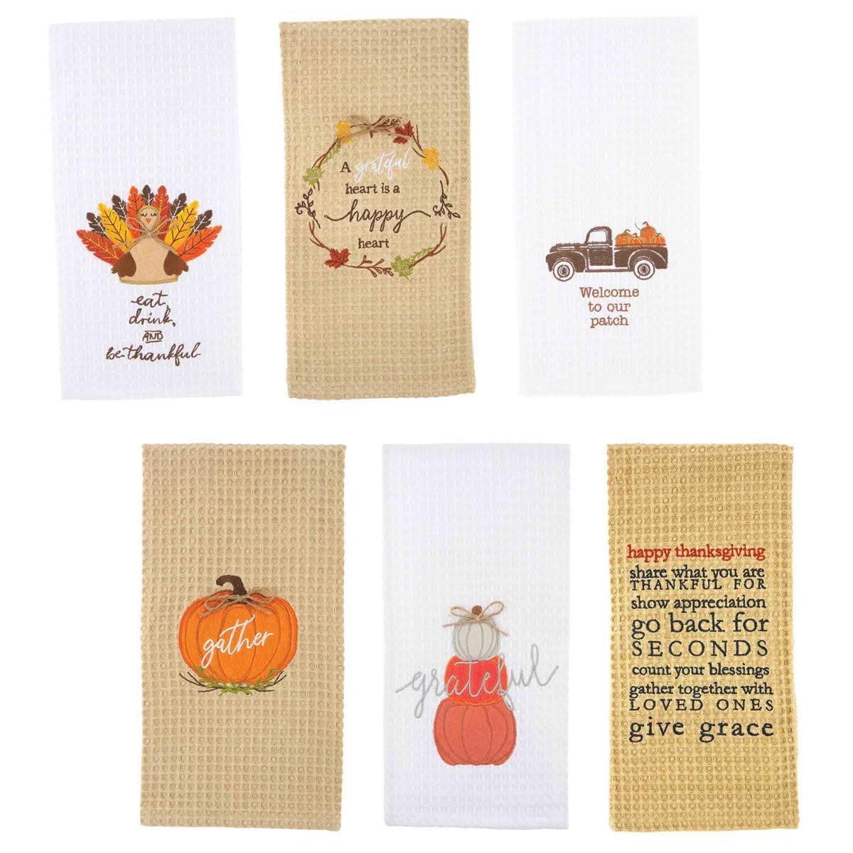 MUD PIE THANKSGIVING EMBROIDERED WAFFLE TOWELS