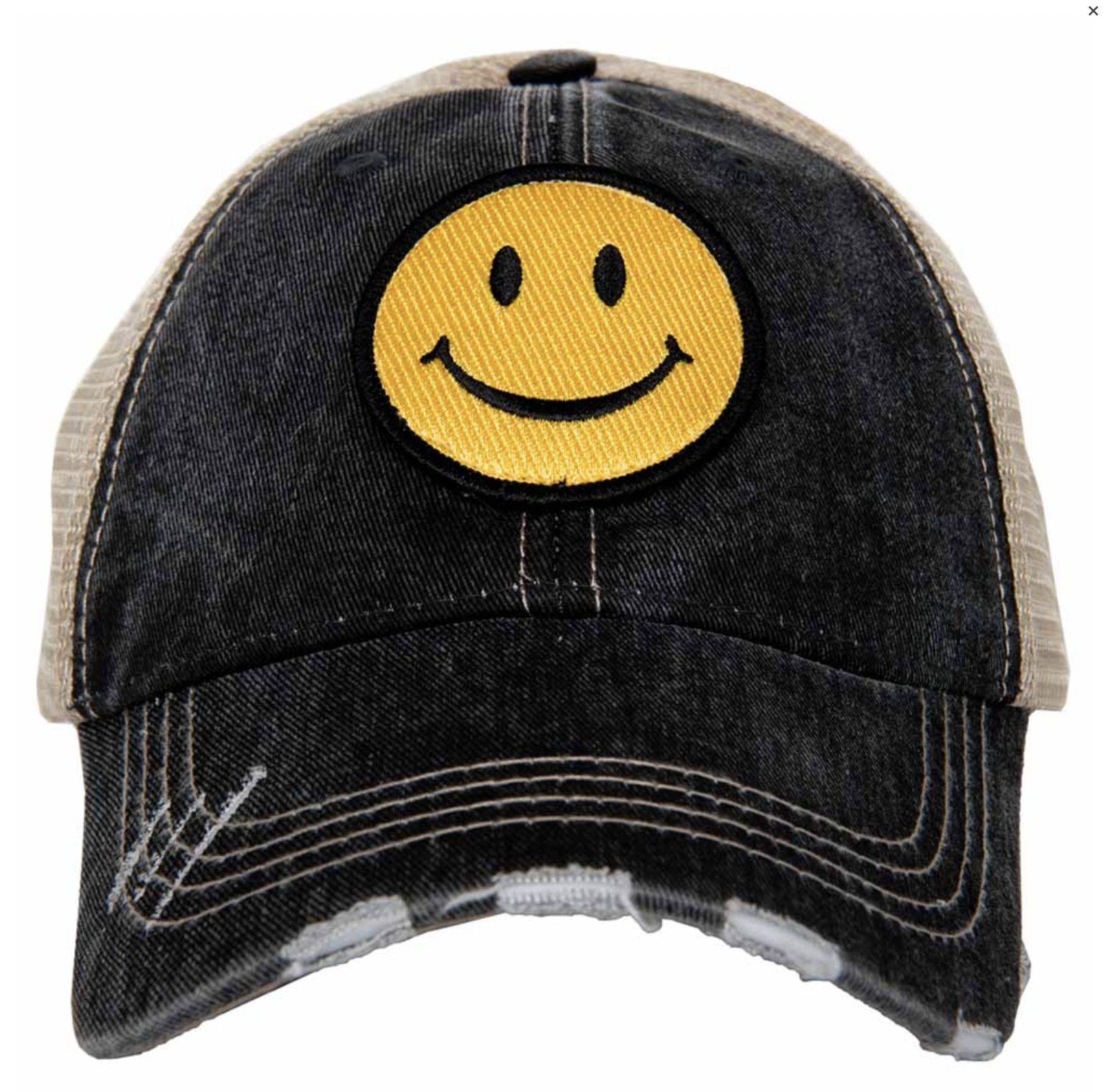 KATYDID COLLECTION SMILEY FACE TRUCKER HAT- BLACK/YELLOW