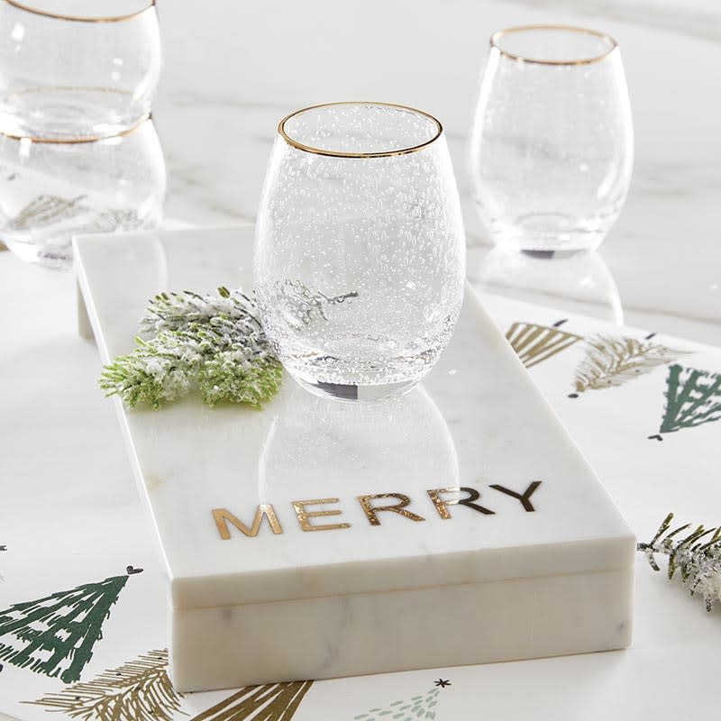 GOLD RIMMED STEMLESS WINE GLASS