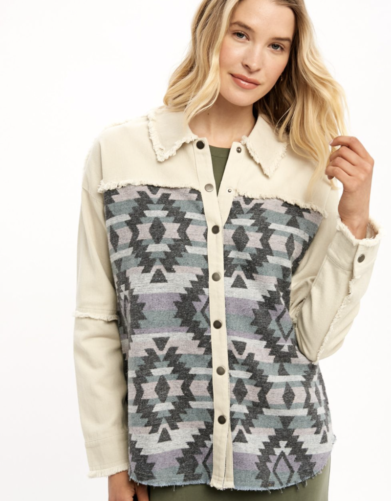 AZTEC PRINT FRINGE TRUCKER JACKET