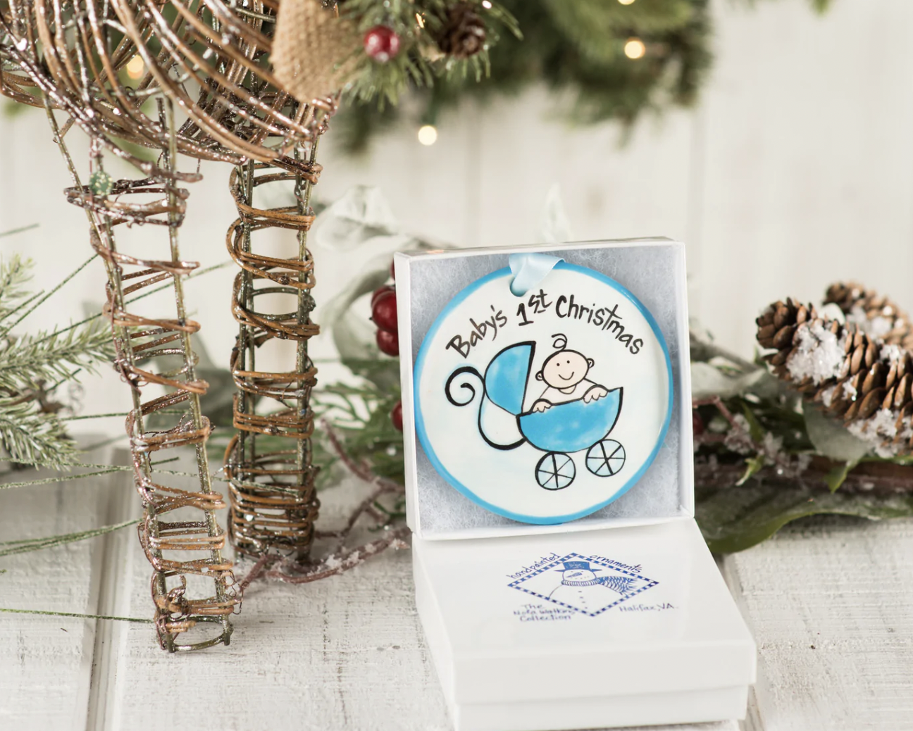 NOLA WATKINS BLUE BUGGY BABY'S FIRST CHRISTMAS ORNAMENT-PERSONALIZABLE