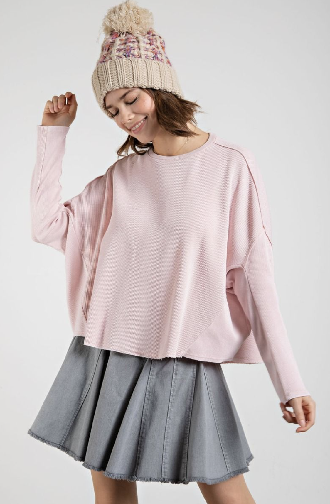 WAFFLE KNIT MINERAL WASH TOP-SOFT PINK WAFFLE KNIT MINERAL WASH TOP-SOFT PINK