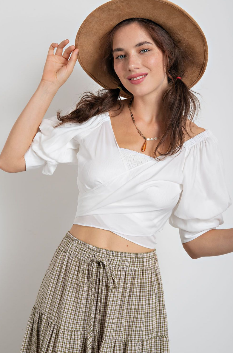 SILKY SHORT SLEEVE TIE BACK CROP-WHITE SILKY SHORT SLEEVE TIE BACK CROP-WHITE