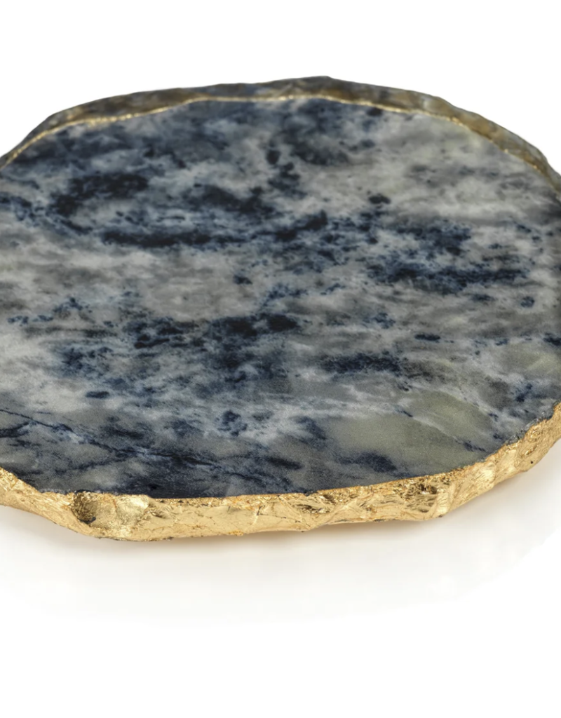 ZODAX Agate Marble Glass Coaster with Gold Rim - Blue Tone-SET OF 2