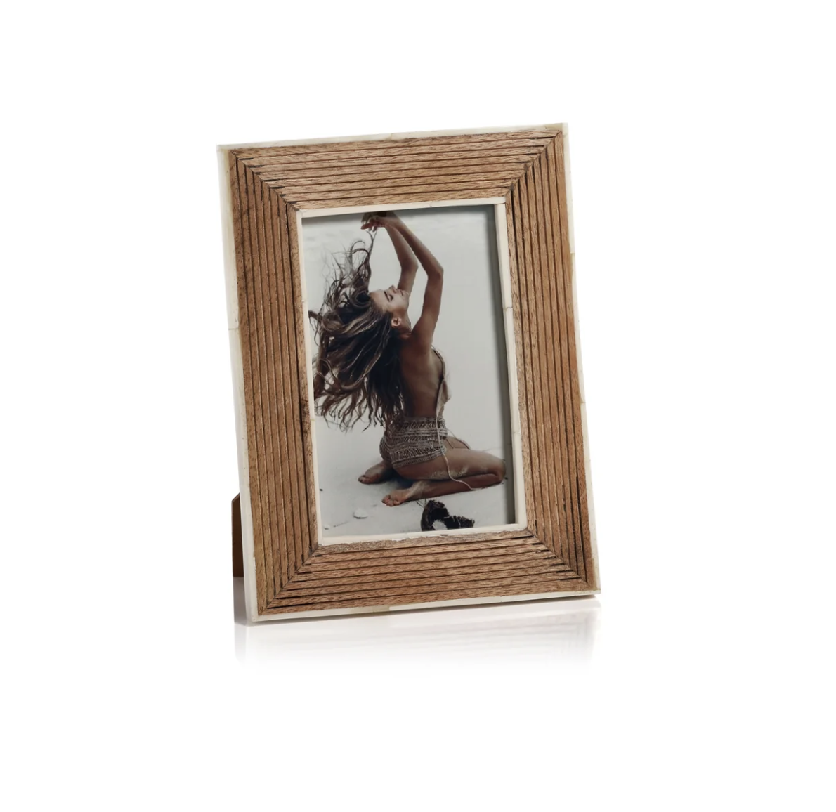 ZODAX Ribbed Mango Wood Frame w/ White Bone Inside Border - Brown & White - 4x6