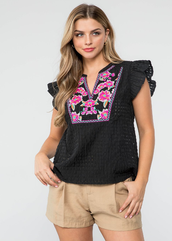 THML EMBROIDERED DOT RUFFLE SLEEVE TOP-BLACK