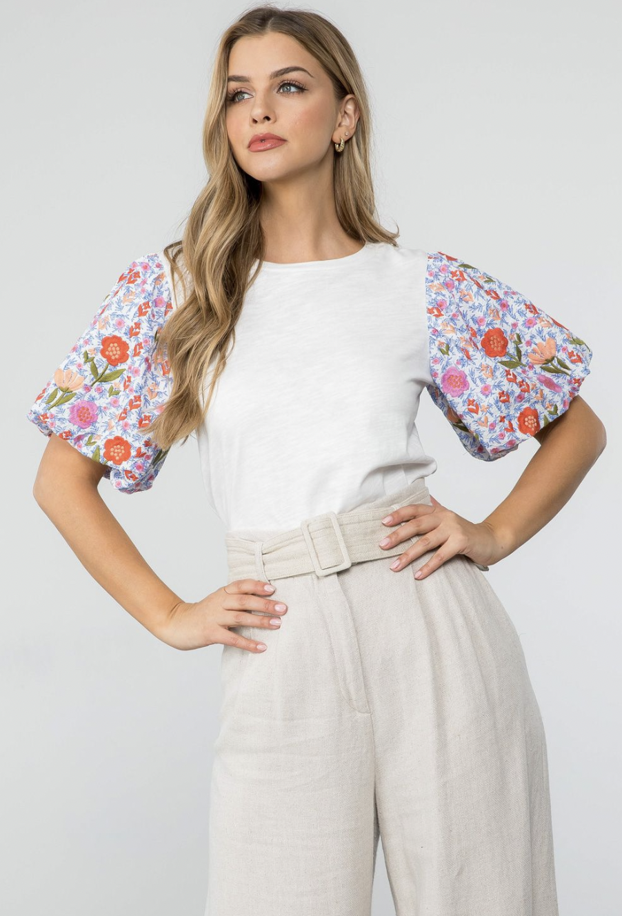 THML PUFF EMBROIDERED SHORT SLEEVE TOP-WHITE