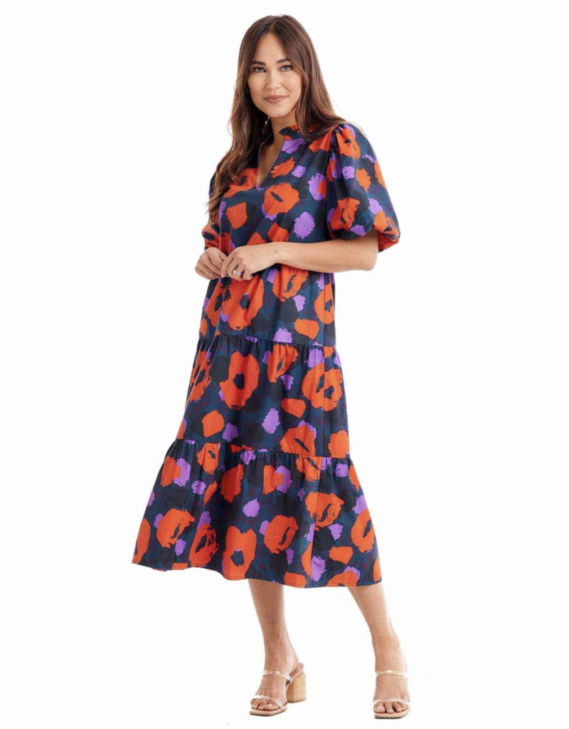 MUD PIE CHERRY LEOPARD CHRISTINE TIERED MIDI DRESS