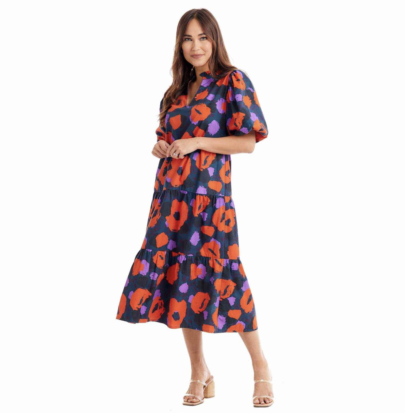 MUD PIE CHERRY LEOPARD CHRISTINE TIERED MIDI DRESS