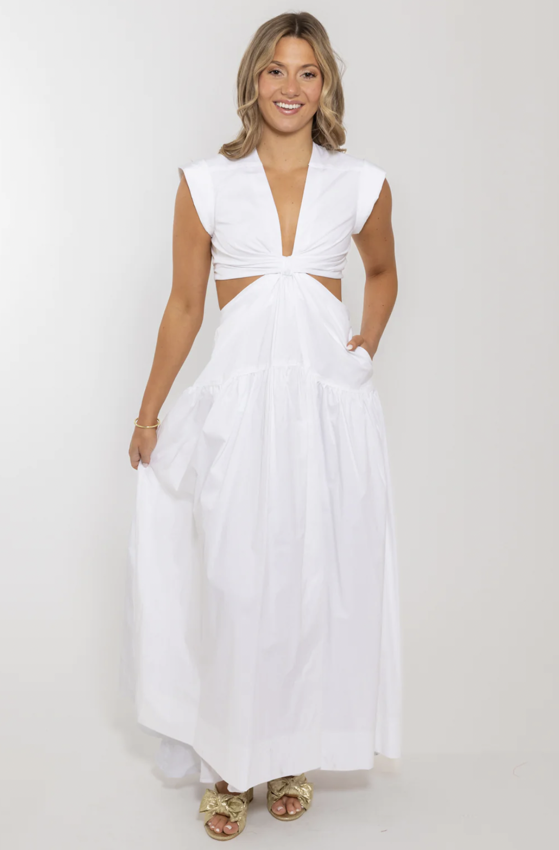 SOLID POPLIN KNOT CUT-OUT MAXI DRESS-WHITE