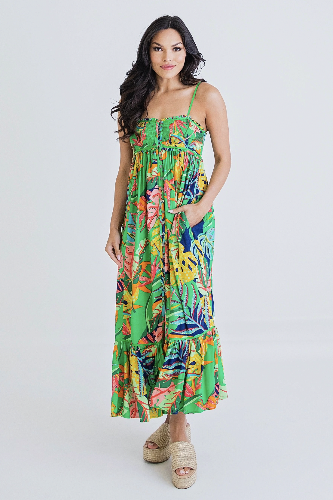 TROPICAL SMOCK CAMI MAXI DRESS