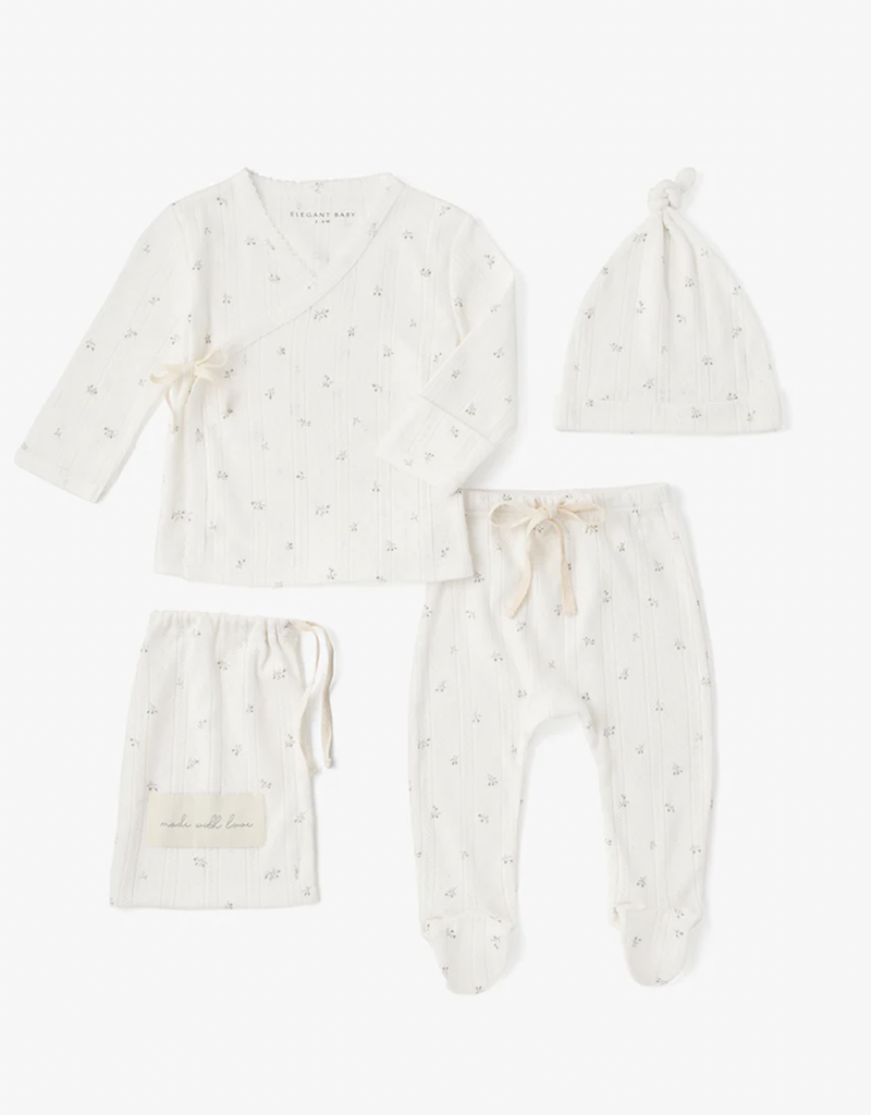ELEGANT BABY WHITE FLORAL ORGANIC POINTELLE COTTON LAYETTE SET