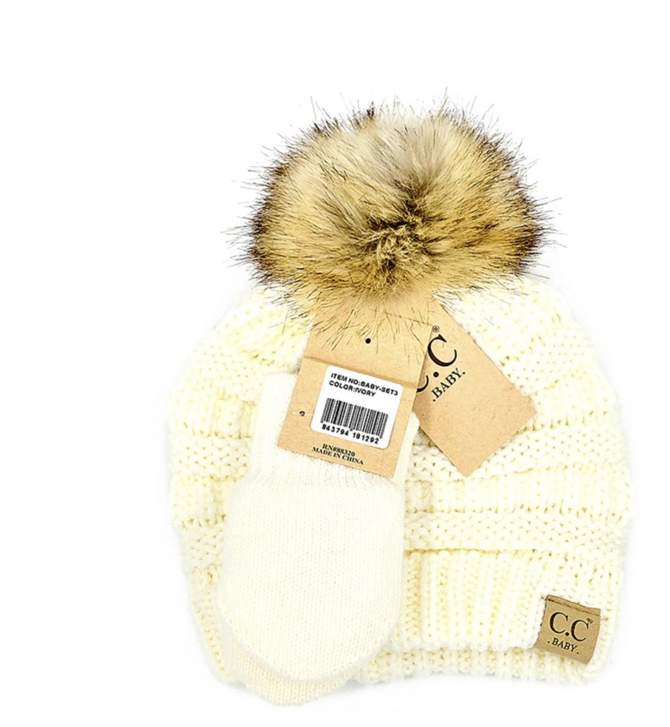 C.C BEANIES Solid Ribbed Baby Beanie Hat and Mitten Glove-IVORY C.C BEANIES Solid Ribbed Baby Beanie Hat and Mitten Glove-IVORY