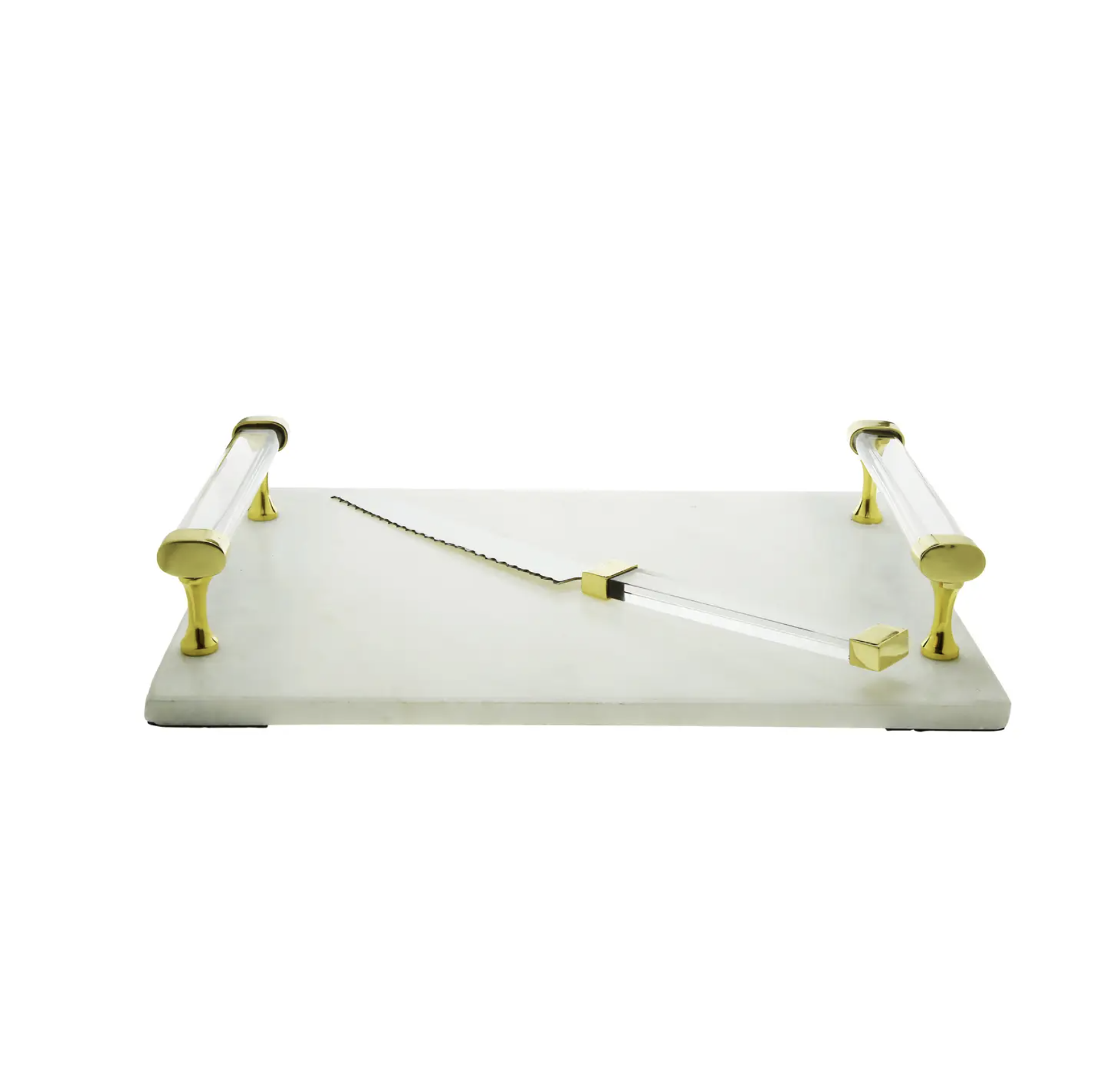 CLASSIC TOUCH WHITE MARBLE TRAY WITH ACRYLIC HANDLES AND KNIFE