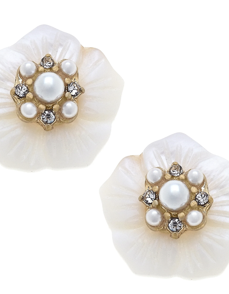 CANVAS CASSIDY PEARL & RHINESTONE FLOWER SHELL STUD EARRINGS IN IVORY
