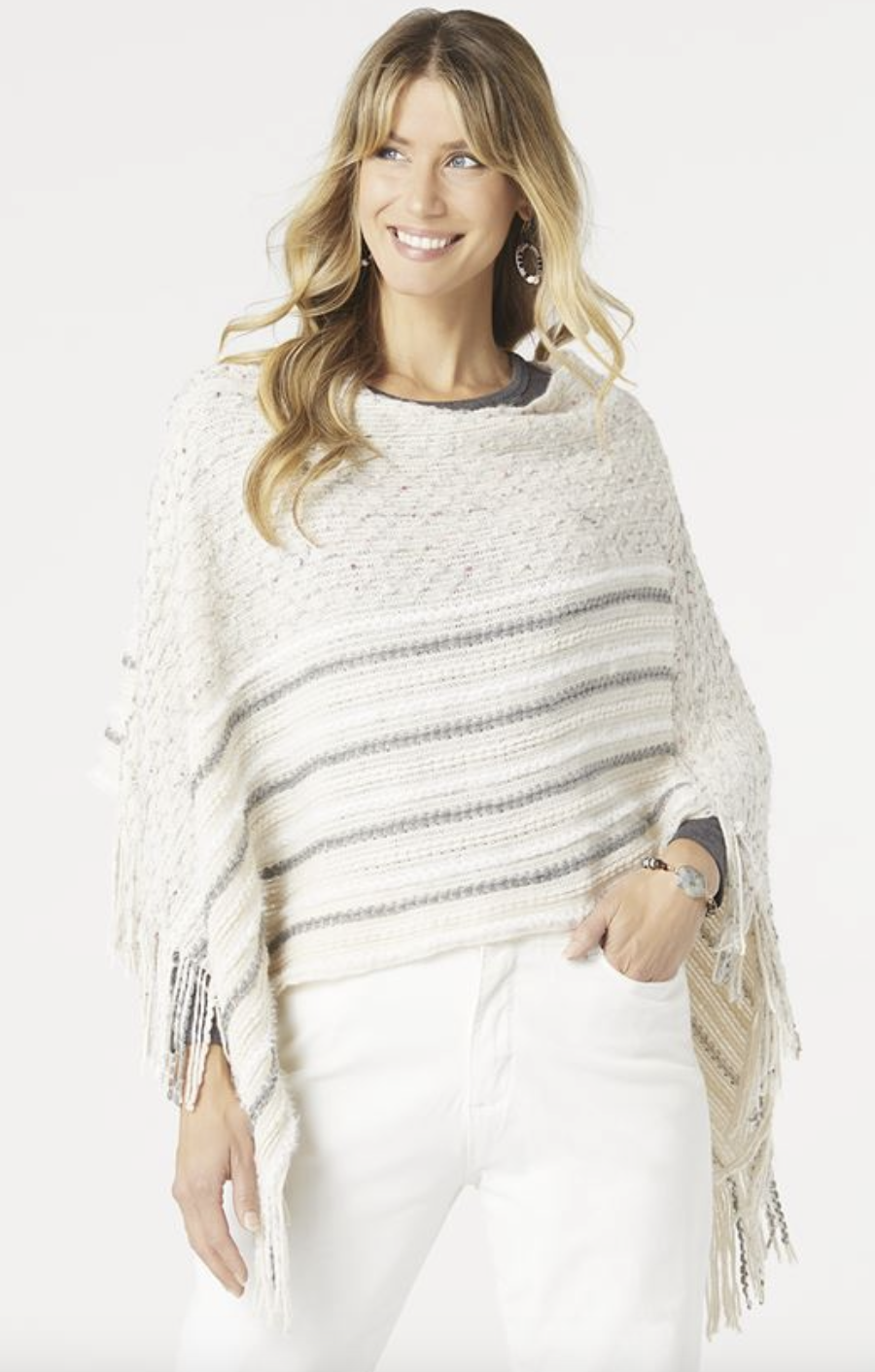 ALORA STRIPE PONCHO WITH FRINGE-CREAM/GREY ALORA STRIPE PONCHO WITH FRINGE-CREAM/GREY