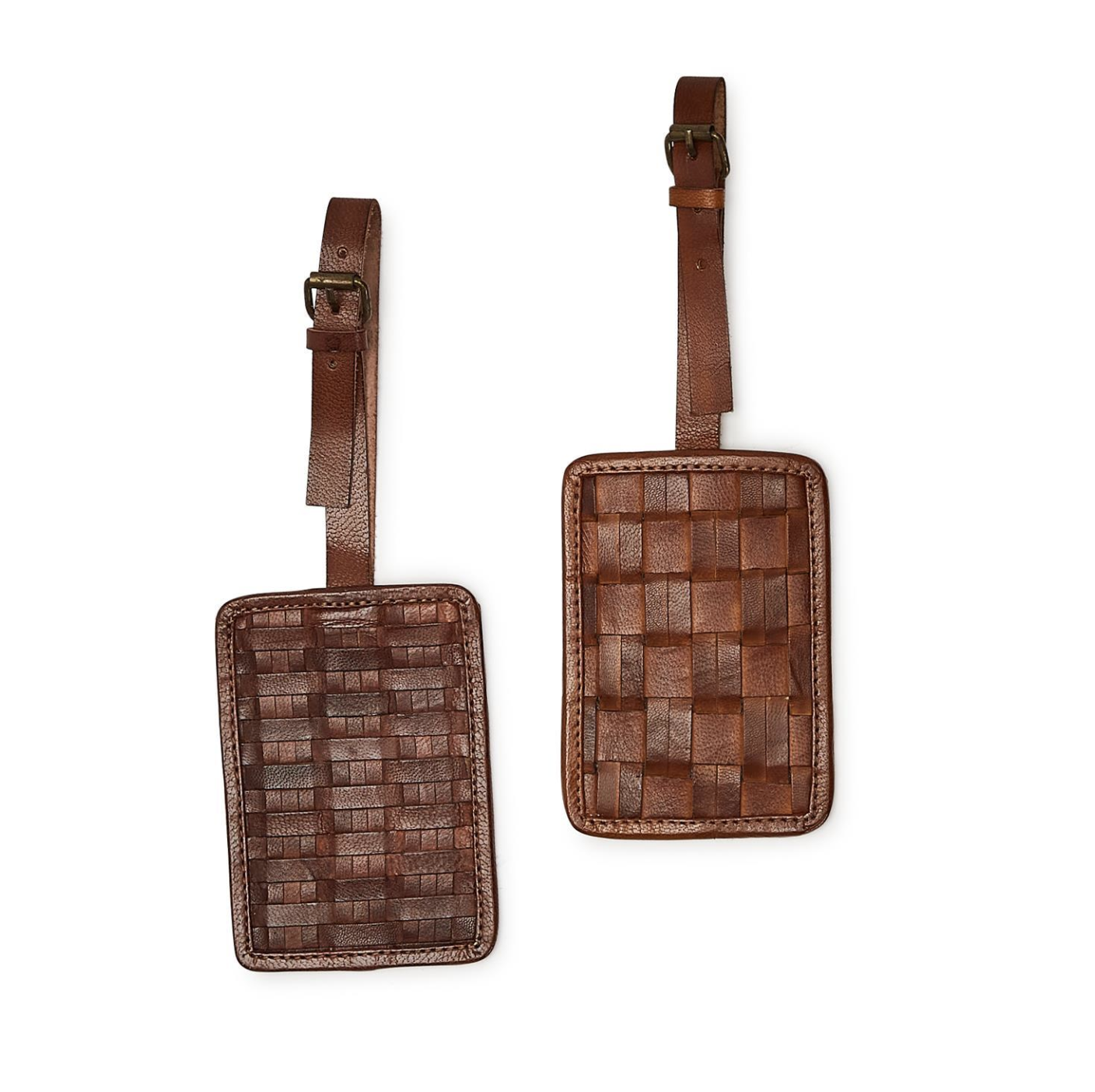 TWO'S COMPANY CHESTNUT WOVEN LEATHER LUGGAGE TAGS