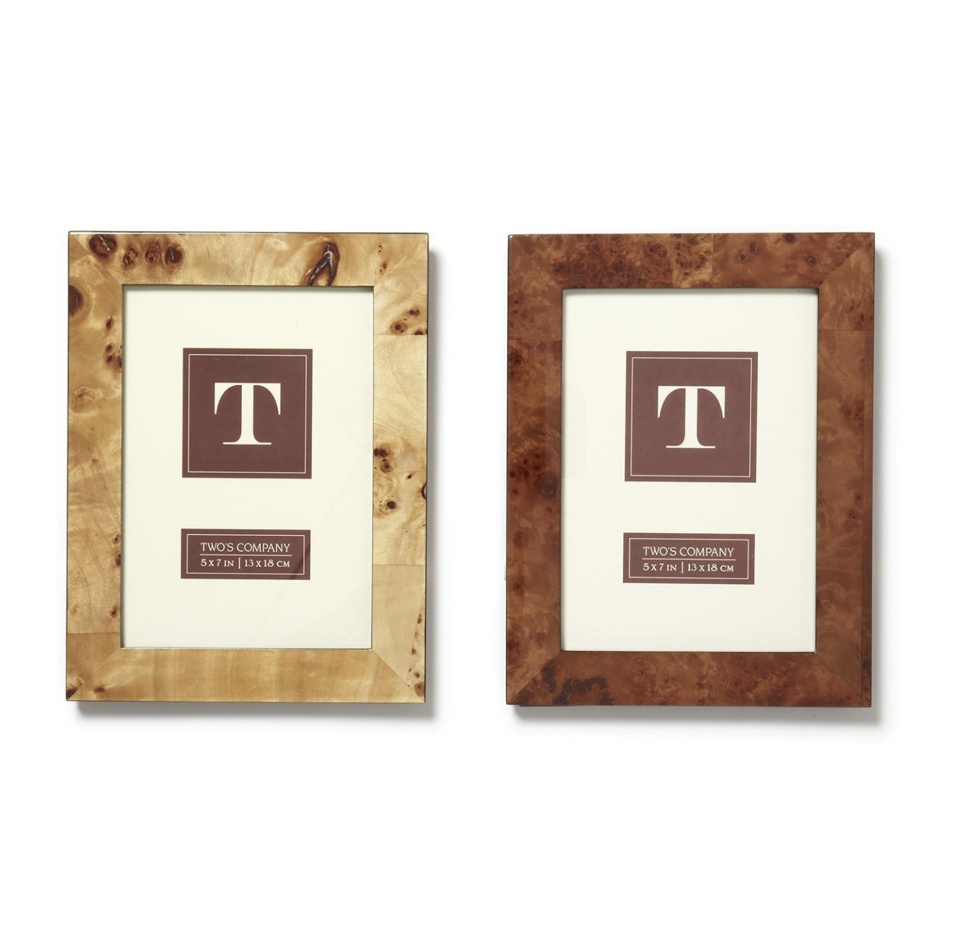 TWO'S COMPANY BURLED WOOD PHOTO FRAMES