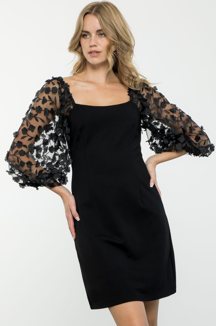 THML ROXIE FLOWER SLEEVE DRESS-BLK