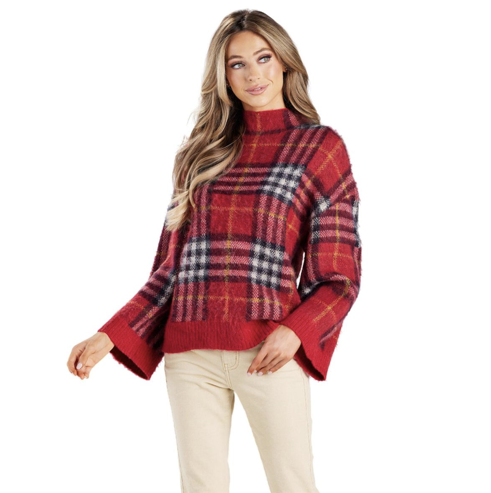 MUD PIE RED JENSON PLAID SWEATER-SMALL MUD PIE RED JENSON PLAID SWEATER-SMALL