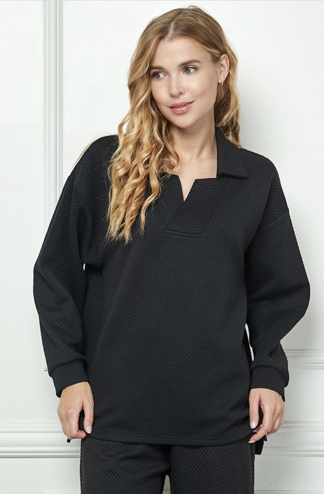 SEE AND BE SEEN TEXTURED LONG SLEEVE COLLARED TOP