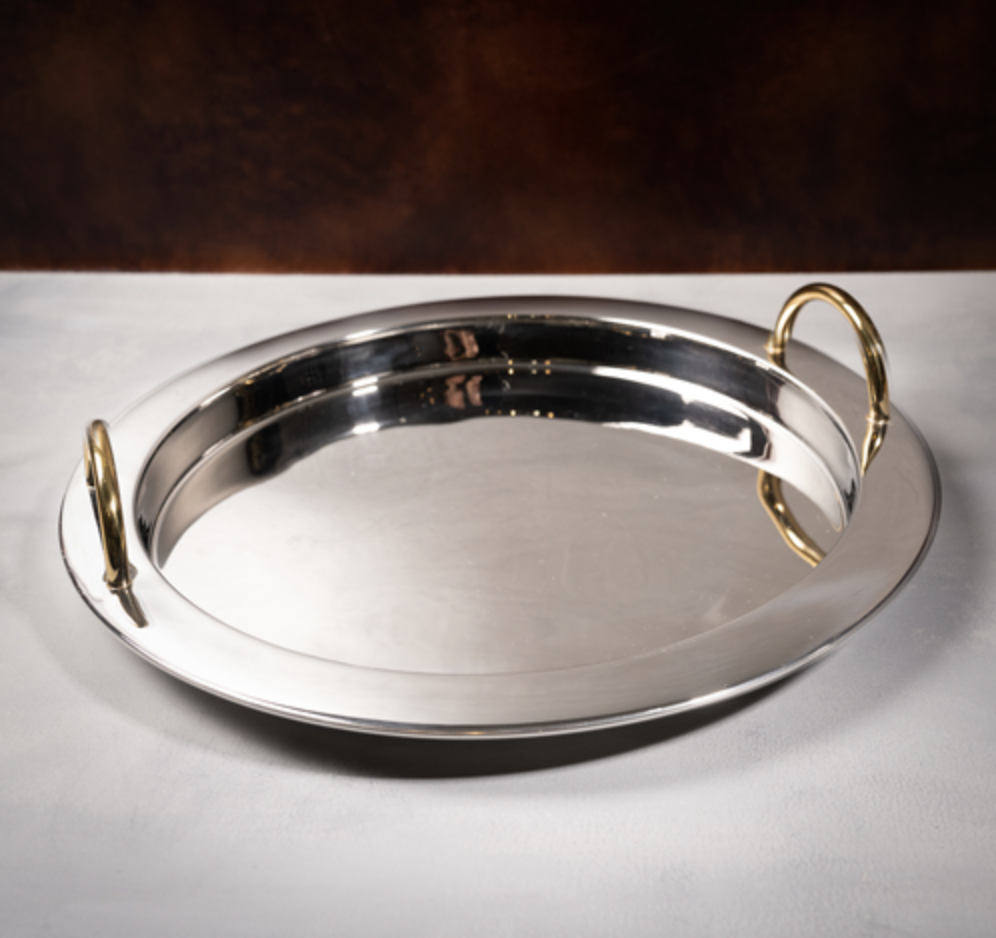 SS TRAY WITH GOLD HANDLES
