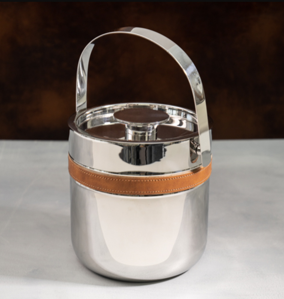 SS ICE BUCKET WITH LEATHER TRIM