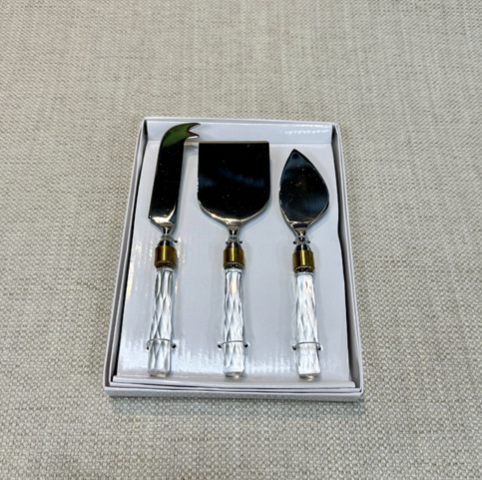 SS CHEESE SET WITH GLASS HANDLES