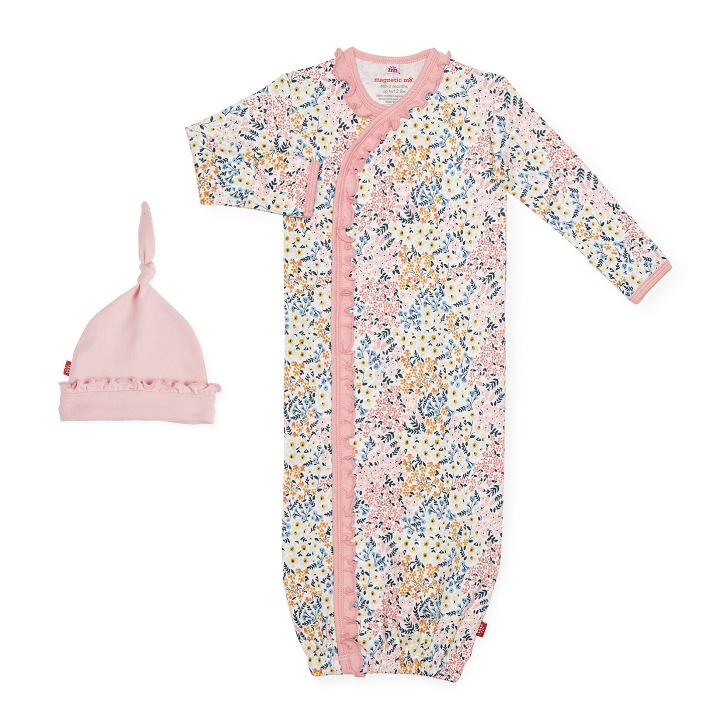 MAGNETIC ME CHELSEA RUFFLE PLACKET GOWN AND HAT SET (NB-3 MOS)