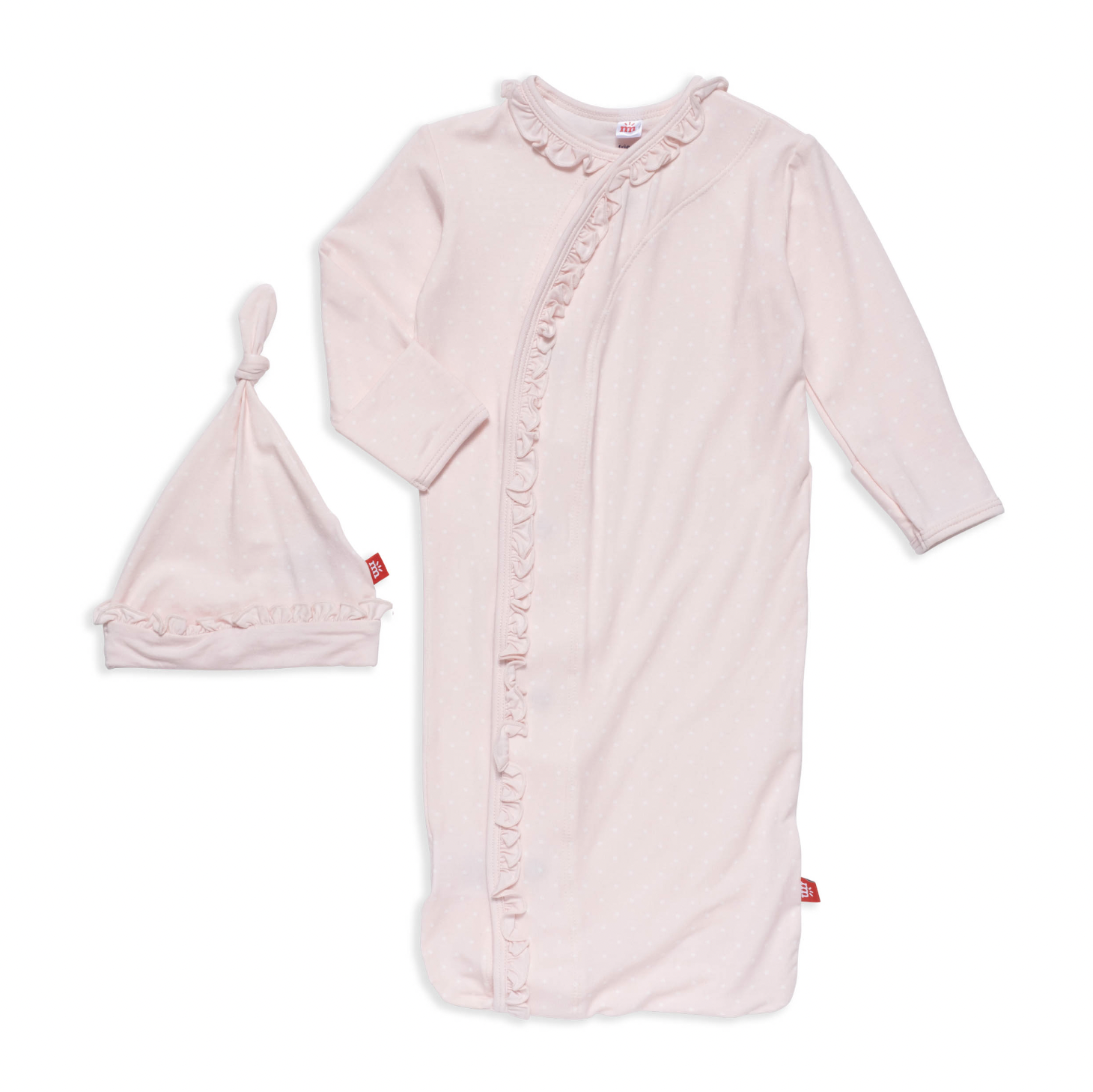 MAGNETIC ME PIN DOT PINK RUFFLE PLACKET GOWN AND HAT SET (NB-3 MOS)