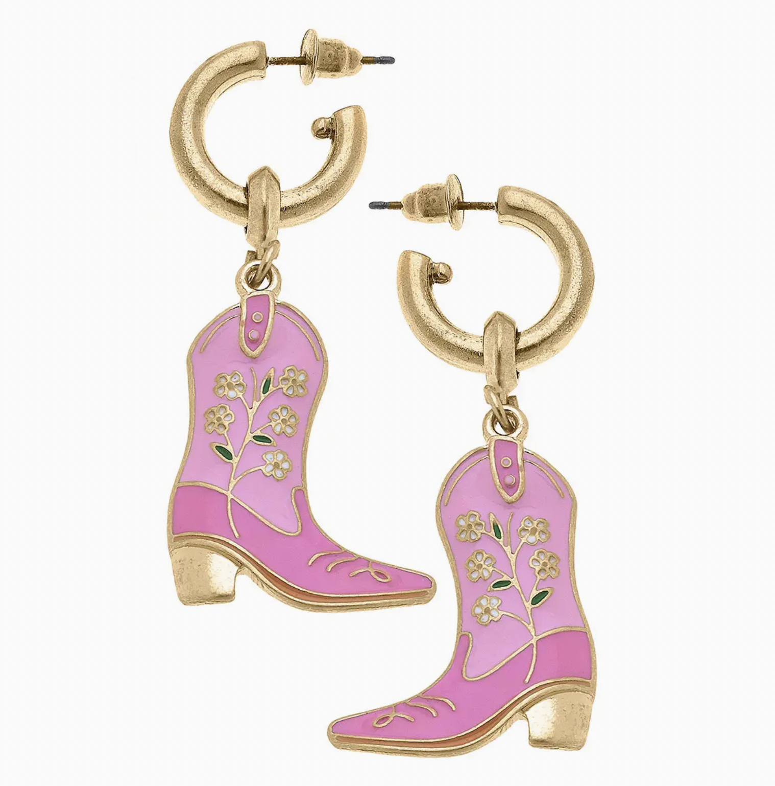 CANVAS Floral Cowgirl Boots Enamel Drop Hoop Earrings in Pink CANVAS Floral Cowgirl Boots Enamel Drop Hoop Earrings in Pink