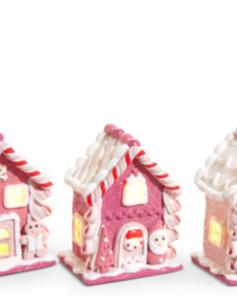 PINK 4.25" LIGHTED GINGERBREAD HOUSE ORNAMENTS
