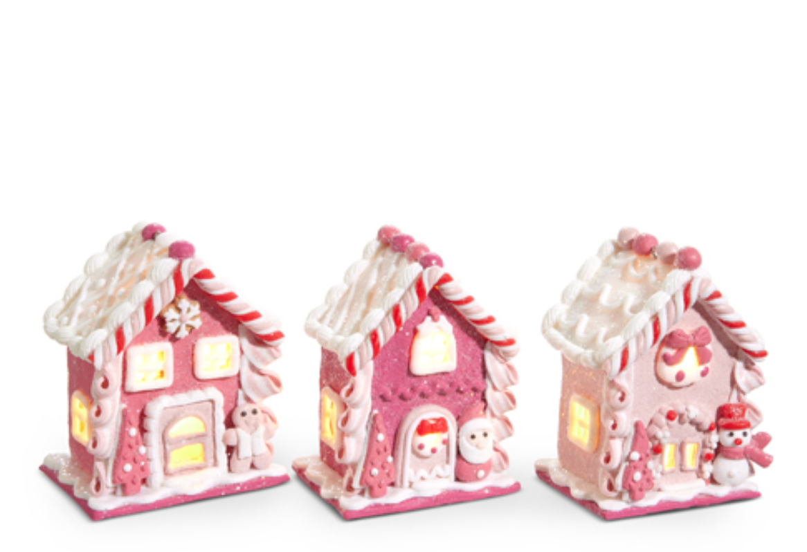 PINK 4.25" LIGHTED GINGERBREAD HOUSE ORNAMENTS