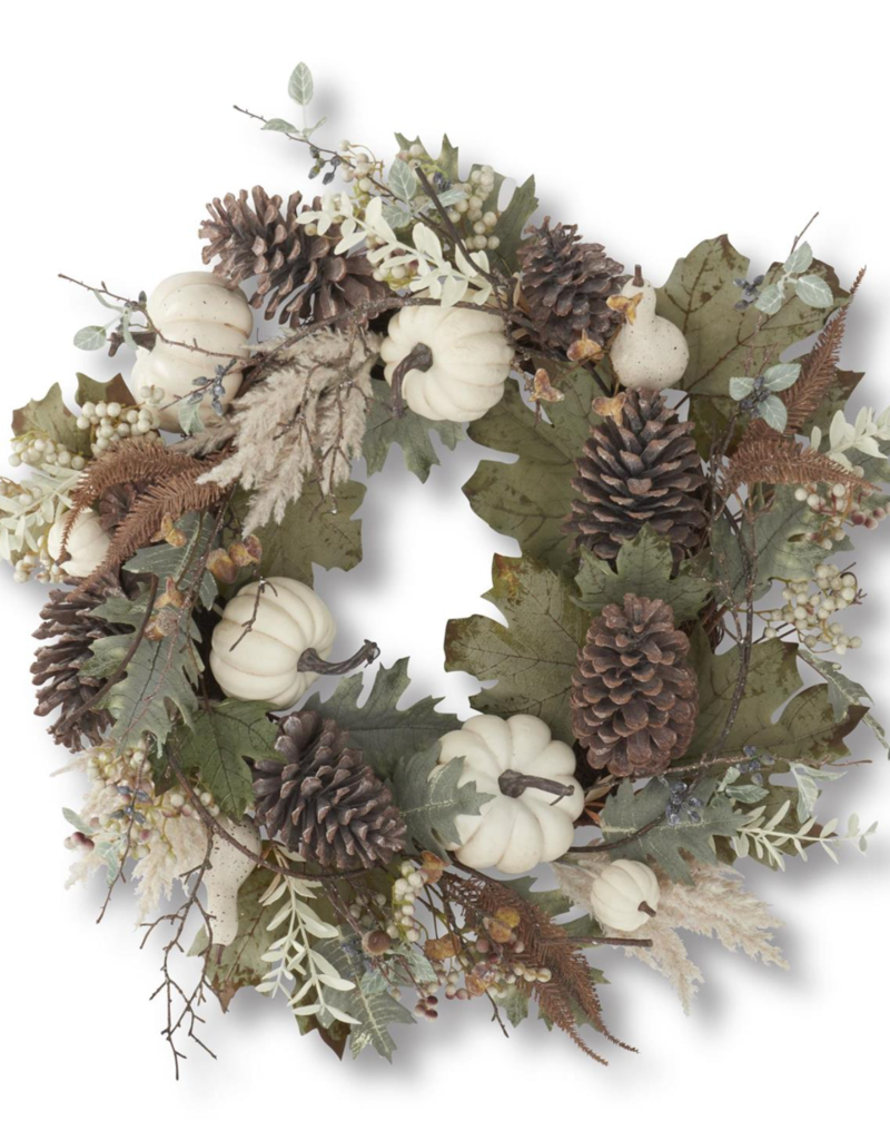 28 Inch Mixed Fall Foliage Wreath w/White Pumpkins & Pinecones