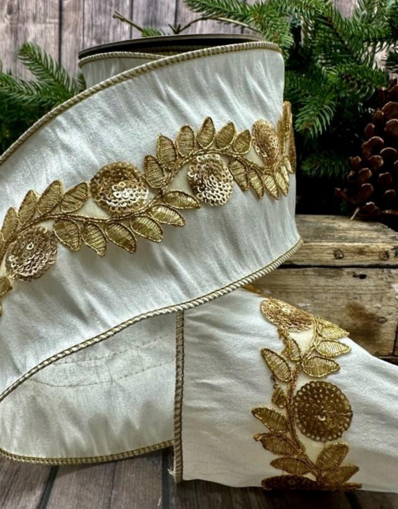 D STEVENS DUPIONI GOLD SEQUIN VINE RIBBON-IVORY 4'X5 YDS