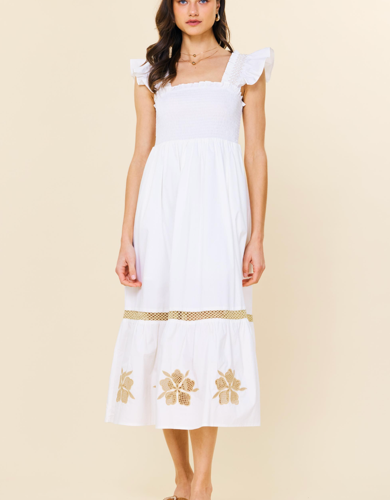 SKIES ARE BLUE LUCIANO CUTOUT SMOCKED MIDI DRESS
