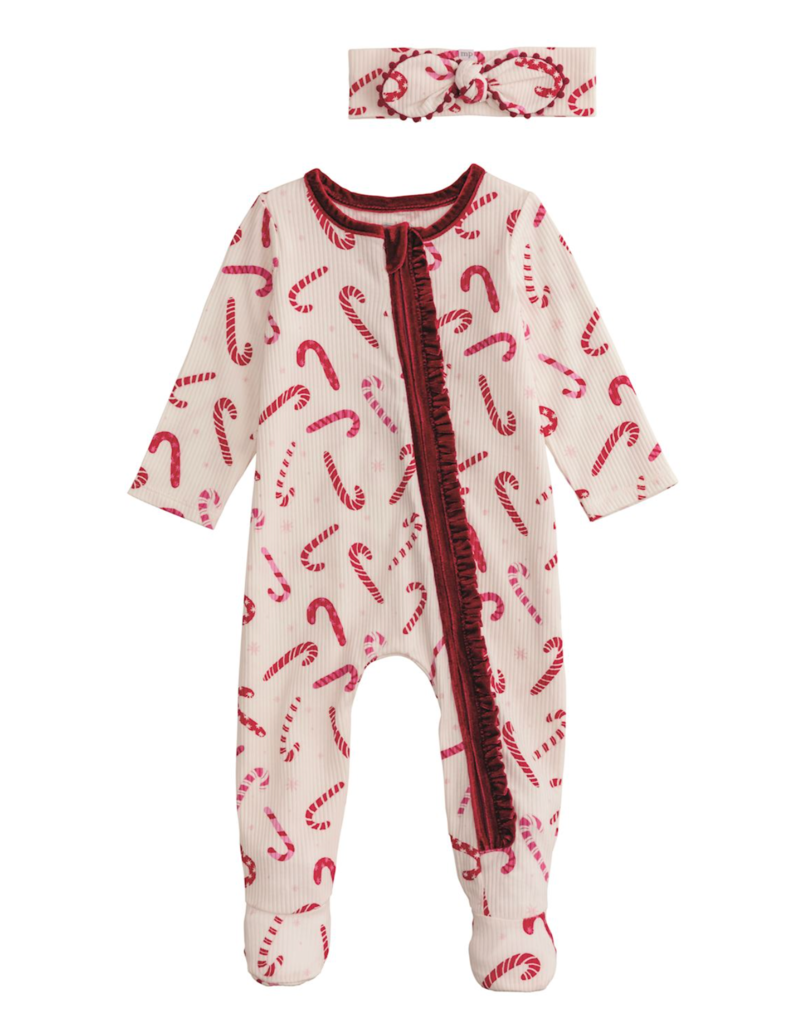MUD PIE CANDY CANE SLEEPER AND HEADBAND SET 3-6 MONTHS