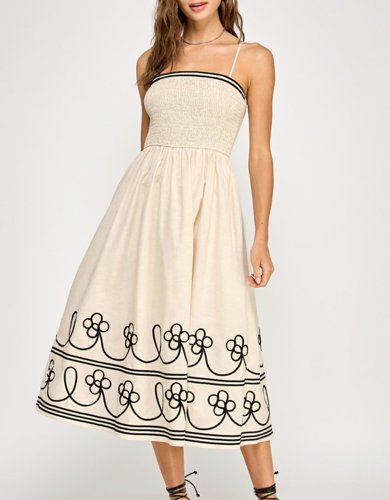 STRUT & BOLT Contrast Embroidered Trim Linen Midi Dress-ECRU