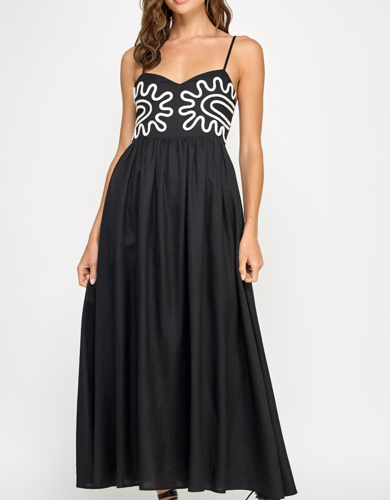 STRUT & BOLT Braid Embroidered Trim Detail Linen Long Dress-BLACK
