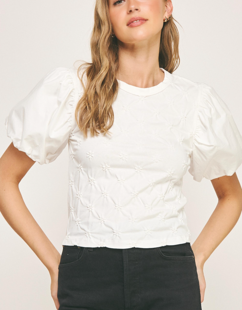 STRUT & BOLT FLOWER EMBOSSED PUFF SLEEVE TOP