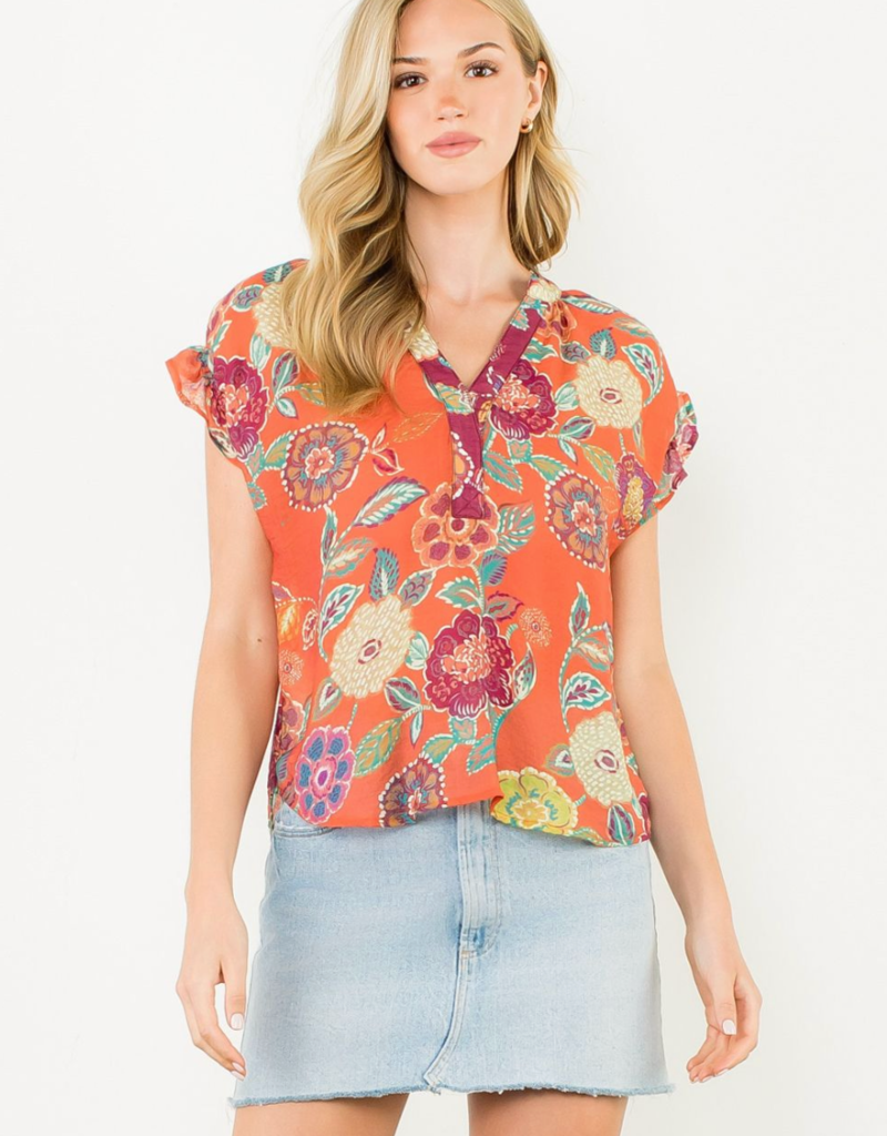 THML KYRIE FLORAL SMOCKED BACK TOP-ORANGE