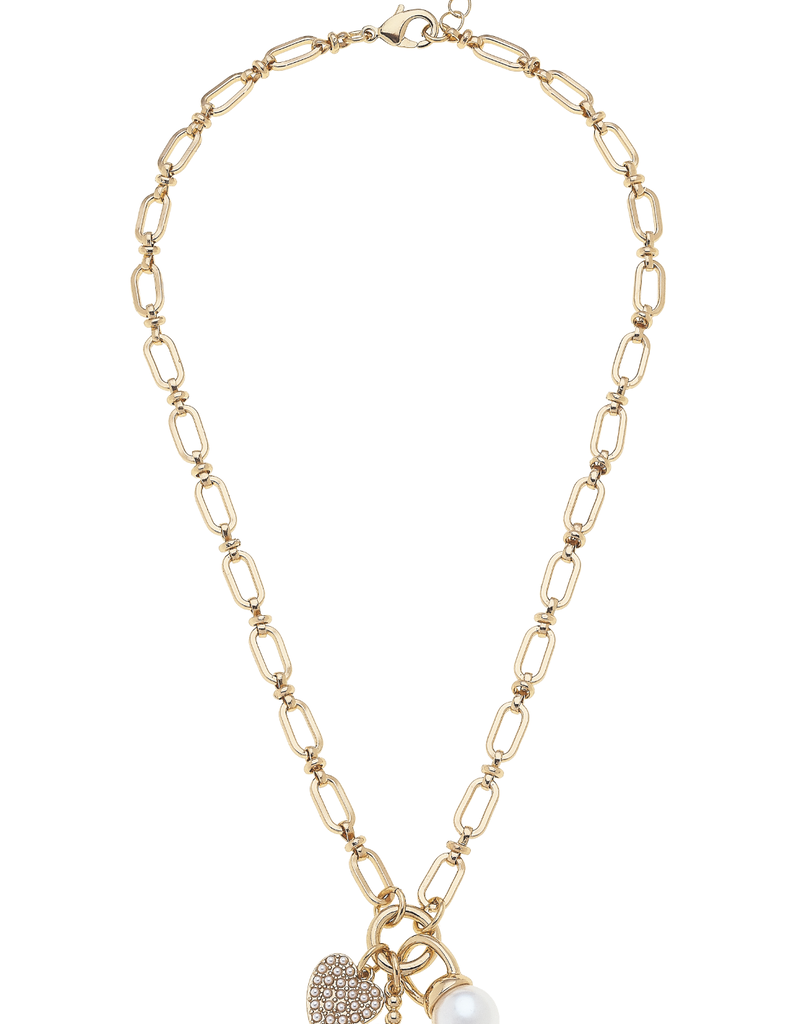CANVAS POPPY BEADED CROSS AND PEARL CHARM NECKLACE