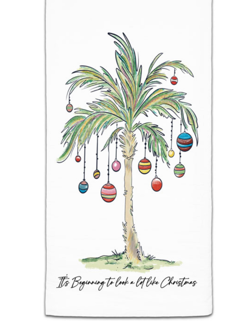 CJ BELLA CO PALM TREE WITH ORNAMENTS FLOUR SACK TOWEL